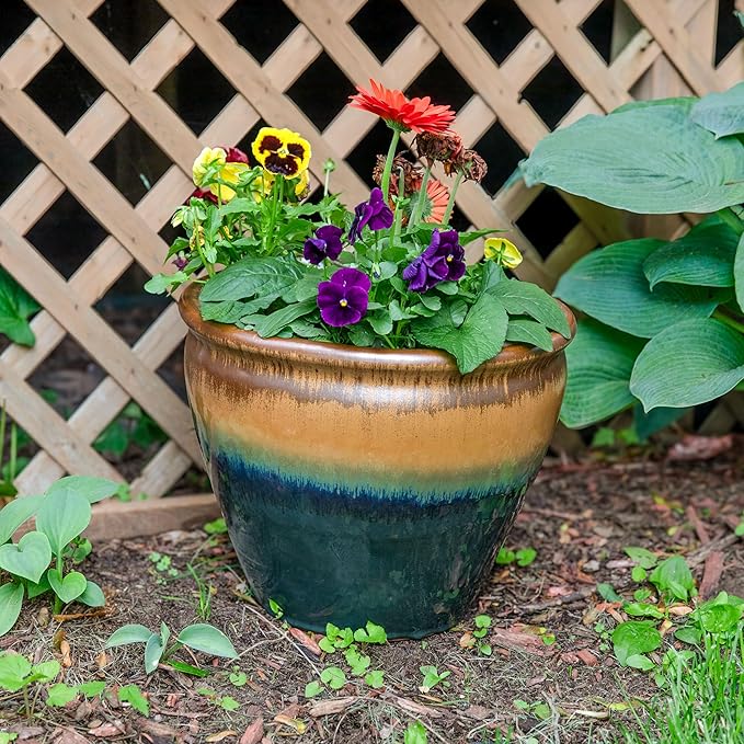 Sunnydaze Large Ceramic Plant Pot - Round Outdoor Glazed Ceramic Planter Pot with Drainage - Chalet - Forest Lake Green - 14.5"