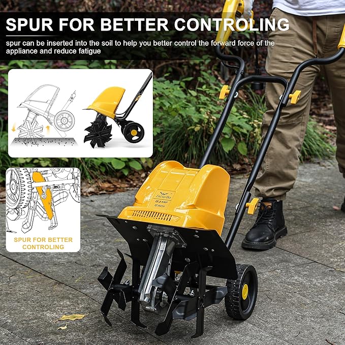 Electric Tiller/Cultivator 4 Steel Tines, 8'' Tilling Depth Garden Roto Tillers for Gardening, 13.5 Amp 12 Inch Corded Rototiller with Adjustable Wheels, Yellow