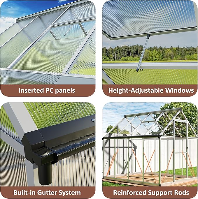 Greenhouse - 8x12 FT Quick Setup Polycarbonate with Roof Vent, Aluminum Large Walk-in for Outside Garden Backyard, Sliver