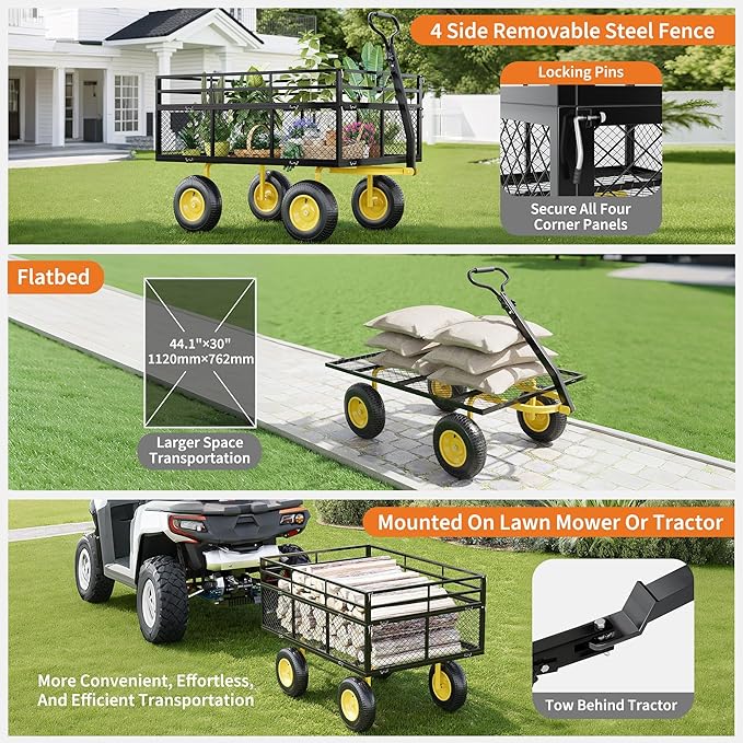 Metal Wagon - 1400lbs Garden Cart with 10" Multi-Terrain Tires, 4 Removable Mesh Sides & 180° Swivel Handle, Yard Wagon Cart for Lawn, Yard, Patio Gardening