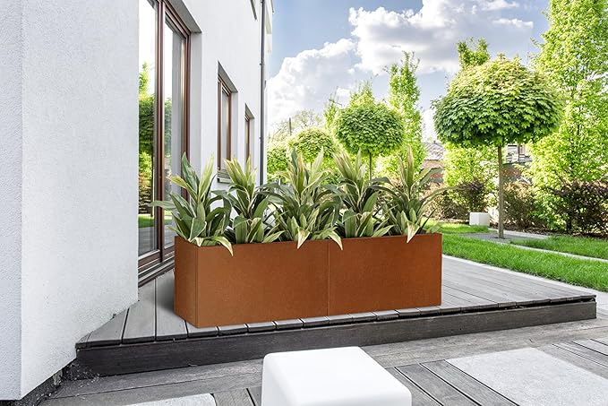 Corten Steel Corner Metal Planter Box L32 x W12 x D16 Garden Steel Planter Pot for Patio Modern Farmhouse Rustic Design (L32 x W12 x D16, Rusted)