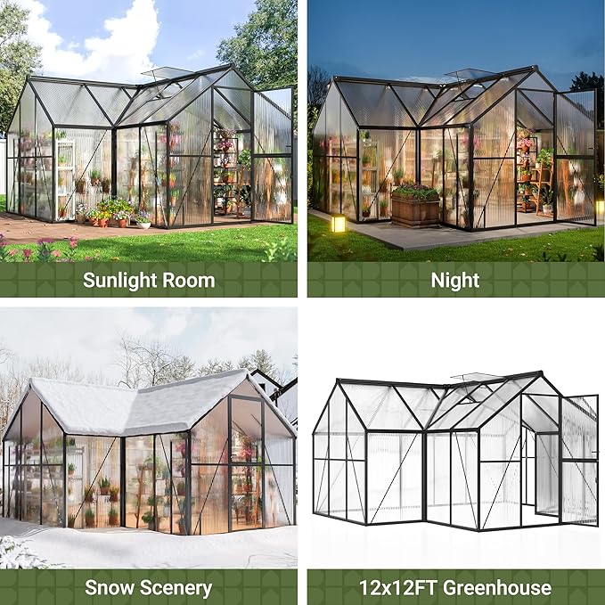 VIWAT T-Shape 12x12 FT Greenhouse for Outdoors, Polycarbonate Greenhouse with Quick Setup Structure, Double Roof Vents and Doors, Aluminum Walk-in Green House for Outside for Backyard Garden, Black