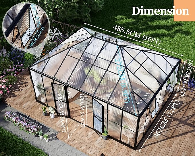 HOWE 16x12x9.5 FT Polycarbonate Greenhouse for Outdoors, Pavilion Style Greenhouse with 4 Vent Windows, Lockable Double Doors, Ideal for Garden & Patio Use, Black