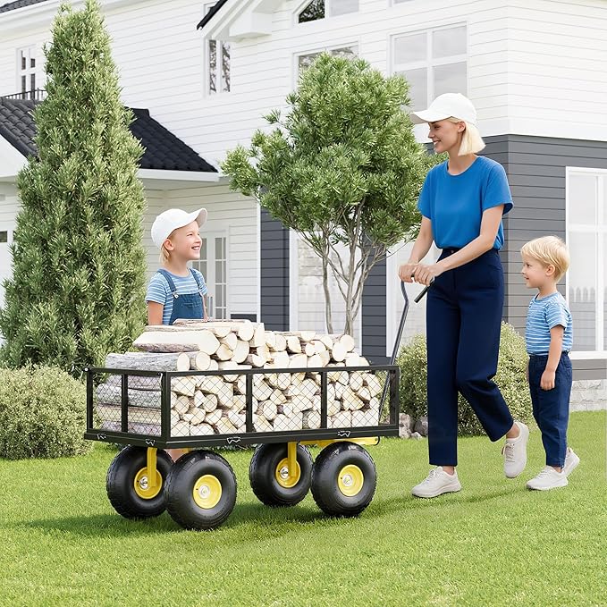 900 Lbs Garden Wagon, 2-in-1 Heavy-Duty Steel Garden Cart, with 10 Inch All-Terrain Tires and Removable Mesh Side Panels, 180° Rotating Handle, Metal Utility Yard Trailer, Outdoor Gardens Wagon Cart
