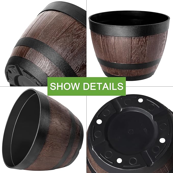 VECELO Plant Pots with Drainage Holes & Saucer, 11.3 Inch Flower Pots with Tray, 4 Pack Plastic Whiskey Barrel Planters for Indoor & Outdoor Garden Home Plants and Flowers