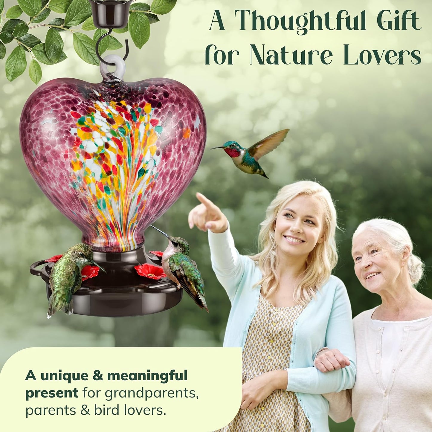 Hand Blown Glass Hummingbird Feeder for Outdoors All Season Use - 28 Fl. Oz. Leak Proof Hummingbird Feeder with Rust Proof Base - Includes Ant Moat, Ant & Bee Proof (Purple)