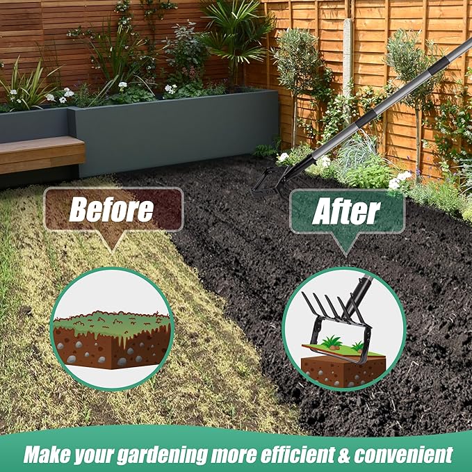 Suchtale 82 Inch Stirrup Hoe and 5-Tines Rake, Action Hoe for Weeding, 2 in 1 Scuffle Hoe with 37-82"Adjustable Handle, Hula Hoe Cultivator for Loosening Soil, Loop Hoe for Garden Weeding and Planting