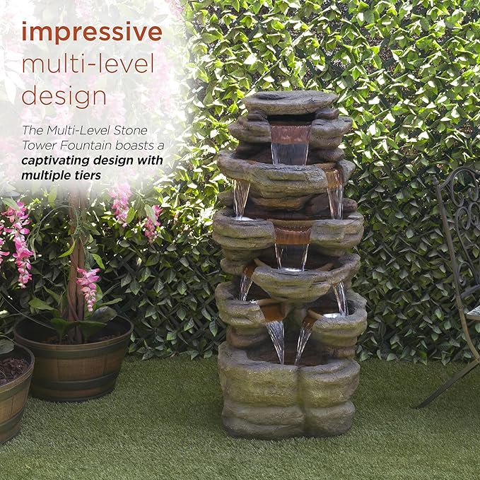 Alpine Corporation TZL352 Outdoor Floor Stone Tower Fountain with LED Lights, Multi-Level Garden Water Fountain, 47"H, Gray