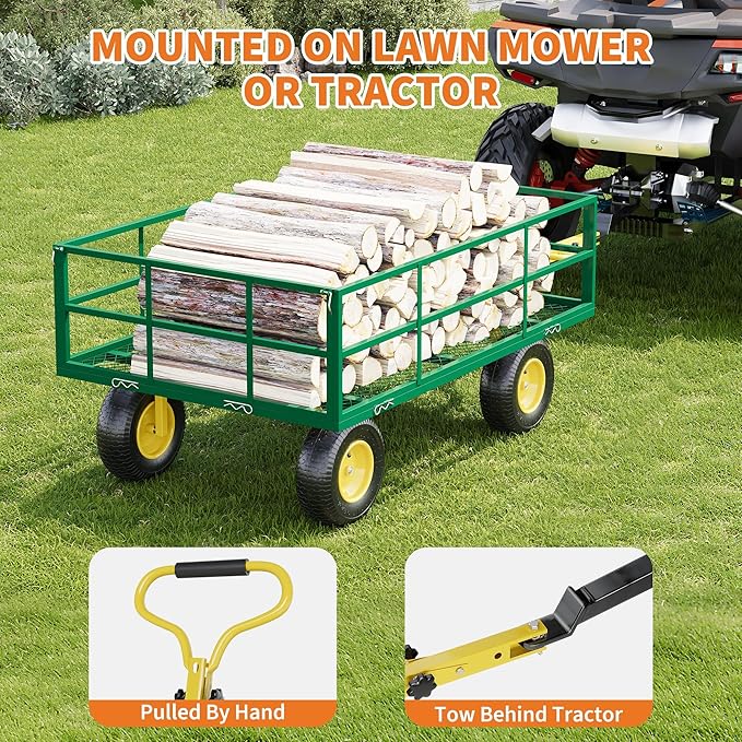 Metal Wagon - 1200lbs Garden Cart with 10" Multi-Terrain Tires, 4 Removable Mesh Sides & 180° Swivel Handle, Yard Wagon Cart for Lawn, Yard, Patio Gardening