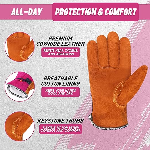 HLDD HANDLANDY 2 Pairs Leather Work Gloves for Men & Women – Cowhide Gardening Gloves, Thorn Proof, Cotton Lined, for Tig/Mig Welding, Construction, Chainsaw, Farm, Landscaping