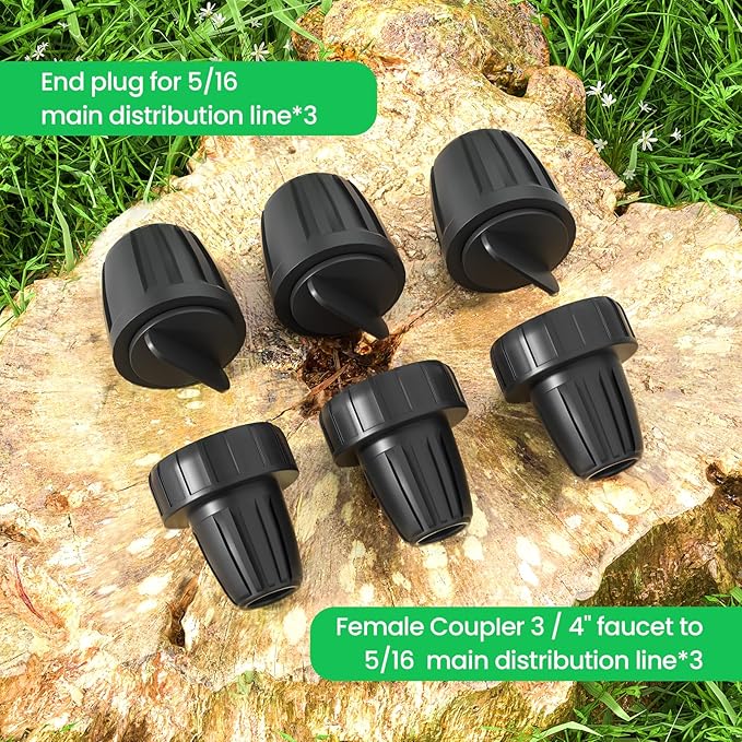 Bonviee Drip Irrigation Parts for 5/16" Main Line - (6-Pack) - 3 x PVC Female Hose Thread Non-Swivel Adapter and 3 x Barbed Threaded End Plugs - Drip Irrigation Fittings