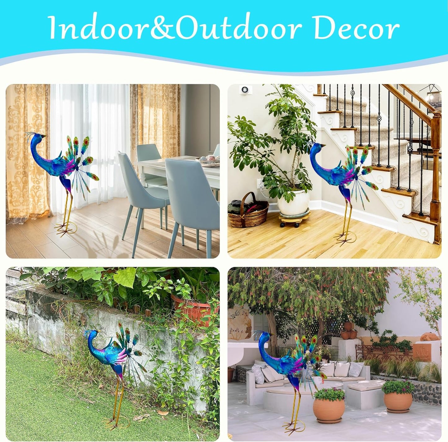 Metal Peacock Garden Statue, 36-Inch Iridescent Blue Purple Outdoor Sculpture, Decorative Lawn Art with Stand