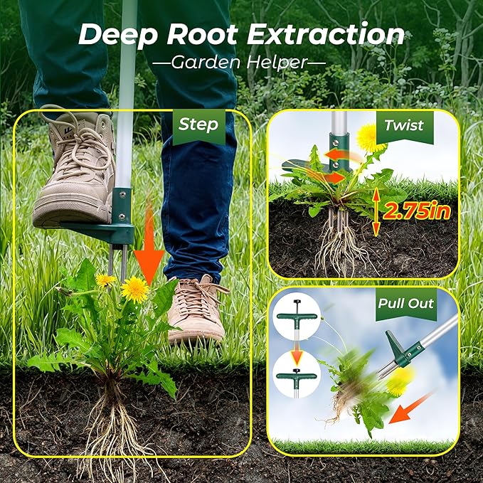 Walensee Weed Puller, Stand Up Weeder Hand Tool, Long Handle Garden Weeding Tool with 3 Claws, Hand Weed Hound Weed Puller for Dandelion, Standup Weed Root Pulling Tool and Picker, Grabber (1 Pack)