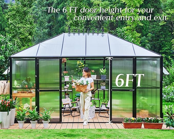 Jocisland 14x9.5x9 FT Outdoor Aluminum Greenhouse with Quick Connect Fittings, 6 FT Height Double Doors with Hook, Polycarbonate Walk-in Greenhouse for Backyard, Black