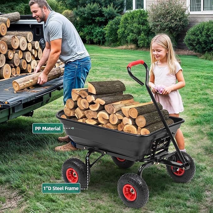 600lb Garden Dump Cart,4 Cu.Ft Utility Wagon Wheelbarrows with Quick-Release System&4 Pneumatic Tires,Heavy Duty Yard Dump Wagon with Steel Frame for Farm, Garden,Halloween Hauling(Black)