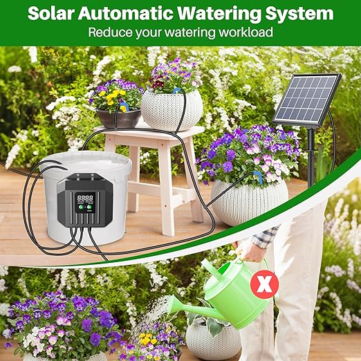 Biling 3W Solar Drip Irrigation System, Digital Programmable Smart Watering Kit with 2200mAh Battery for 15 Potted Plants Indoor/Outdoor Use