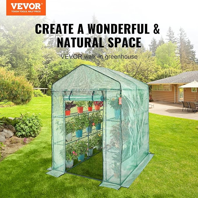 VEVOR Walk-in Green House, 55.5 x 55.5 x 78.7 inch, Portable Greenhouse with Shelves, High Strength PE Cover with Roll-up Zipper Door and Steel Frame, Set Up in Minutes, for Planting and Storage