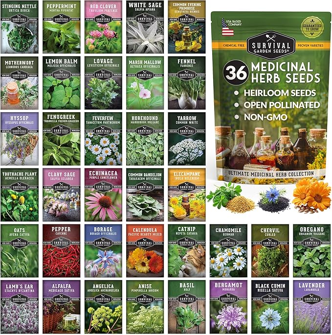 Ultimate Medicinal Herb Seeds Variety Pack – 36 Heirloom Varieties, 28,000+ Lavender, Calendula, Echinacea, Peppermint, Yarrow – Non-GMO Garden Kit by Survival Garden Seeds