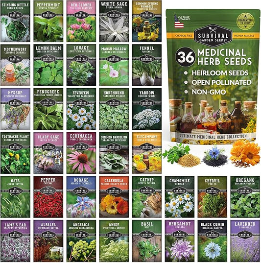 Ultimate Medicinal Herb Seeds Variety Pack – 36 Heirloom Varieties, 28,000+ Lavender, Calendula, Echinacea, Peppermint, Yarrow – Non-GMO Garden Kit by Survival Garden Seeds