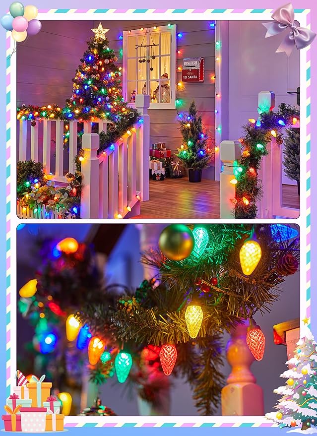 Brightown C9 Christmas Lights Outdoor, 114FT 150 LED Multicolor String Lights with Timer, 8 Modes, Plug-in UL Listed Waterproof Connectable Christmas Tree Lights for House, Roof, Garden, Patio Decor