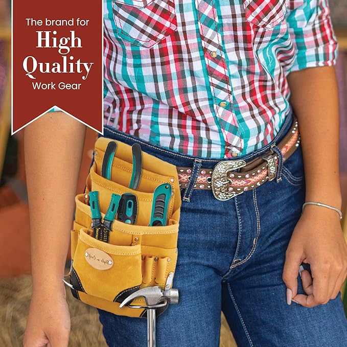 Style n Craft 10-Pocket Carpenter’s Nail & Tool Pouch, Heavy-Duty Leather Tool Pouch, Perfect and Durable Full-Grain Leather Pouch, Yellow with Black Leather Corners (#93923)