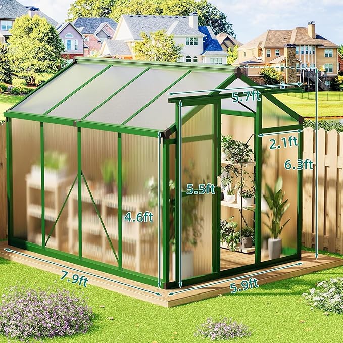 6x8 FT Polycarbonate Greenhouse with Roof Vent - Large Aluminum Walk-in Greenhouse Kit for Gardening, Backyard, Patio, Lawn - Easy Assembly