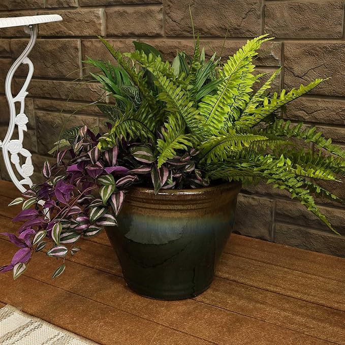 Sunnydaze Large Ceramic Plant Pot - Round Outdoor Glazed Ceramic Planter Pot with Drainage - Studio - Forest Lake Green - 14.5"