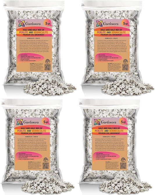 Gardenera Half and Half Mix of Perlite and Vermiculite - 20 Quart - Unlock The Secret to Thriving Plants with a Natural Soil Amendment (4 Bags of 5 Quart)