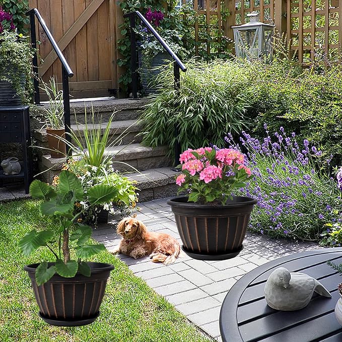 FGstyle 4 Pack 16 inch Plant Pots, Retro Vertical Stripe Planters with Drainage Holes and Saucer, Sturdy Plastic Garden Flower Pots for Indoor & Outdoor Plants(Black)