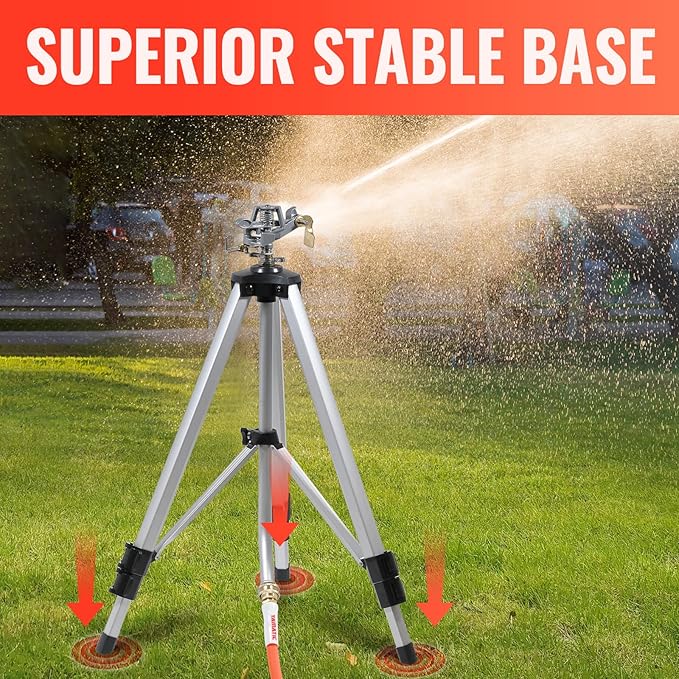 YAMATIC Impact Sprinkler on Adjustable Tripod Base, 360 Degree Large Area, Heavy Duty Adjustable Pulsator Sprinkler for Lawn, Yard and Grass Irrigation, Spray up to 20-90ft(Zinc Head)