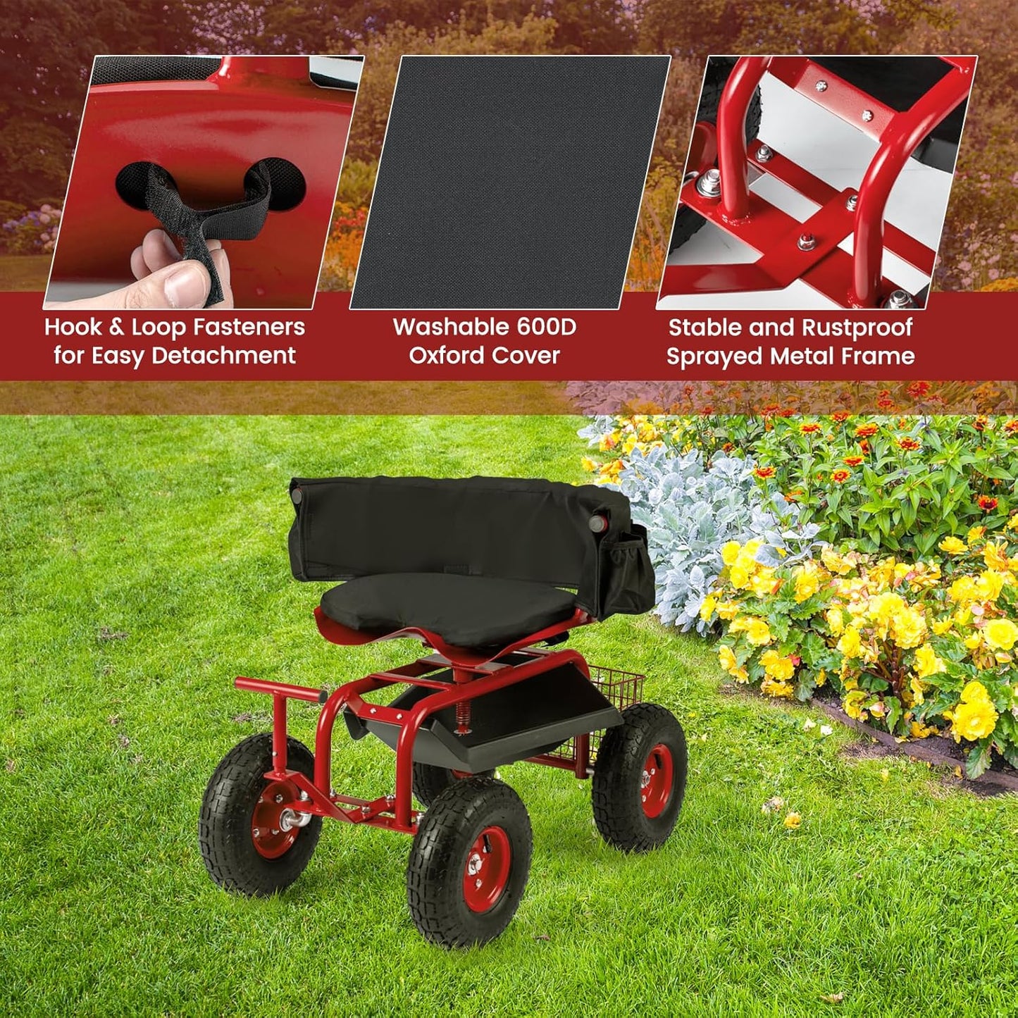 Giantex Garden Cart, Rolling Workseat with 4 Wheels, Tool Tray, Removable Cushion, Storage Basket, 2 Handles, Adjustable Height & 360 Swivel Work Seat, Gardening Stool for Patio Lawn (Red & Black)