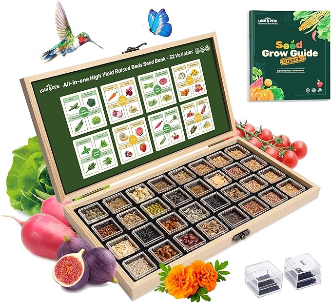 Lush&Dew Raised Garden Bed Heirloom Seed Bank, 32 Varieties 30,000+ Non-GMO Fall Winter Garden Seeds of Vegetables Herbs Fruits, Gardening Gifts for Women Men, Survival Seed Kit Emergency Supplies