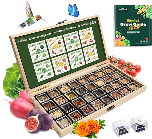 Lush&Dew Raised Garden Bed Heirloom Seed Bank, 32 Varieties 30,000+ Non-GMO Fall Winter Garden Seeds of Vegetables Herbs Fruits, Gardening Gifts for Women Men, Survival Seed Kit Emergency Supplies