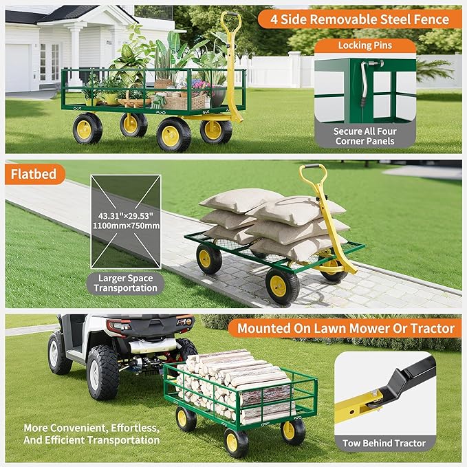 Metal Wagon - 1200lbs Garden Cart with 10" Multi-Terrain Tires, 4 Removable Mesh Sides & 180° Swivel Handle, Yard Wagon Cart for Lawn, Yard, Patio Gardening