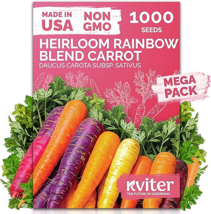 KVITER 1,000 Rainbow Carrot Seeds (Daucus Carota) - Baby Carrots Mix, Sweet & Tender Taste - Heirloom & Organic Carrots Seeds for Planting in Vegetable Garden, Raised Beds & Containers