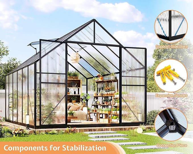 Jocisland 8x11.5x7 FT Polycarbonate Greenhouses for Outdoors, 2 Top-Opening Windows, 2 Swing Doors, Aluminum Walk-in Heavy Duty for Outdoor Use, Backyard Garden, Black