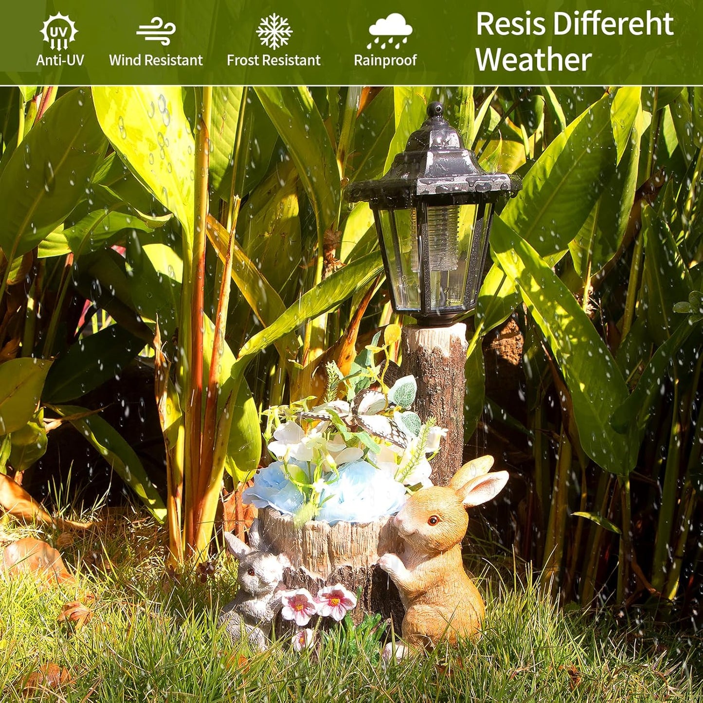 Solar Bunny Garden Stalue Outdoor, Rabbits Figurine Flowerpot Decolwith Solar Lantem for Yard Art Lawn Ornaments Porch Patio Balcony - Gardening Gifts for Women Mom