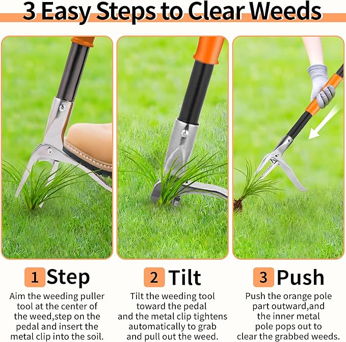 50” Weed Puller Tool, Heavy-Duty Weeder Tool with Long Handle, 4-Claw Metal Stand up Weeding Tool with Easy-Eject Mechanism for Crabgrass, Dandelion, Garden Tools for Seniors