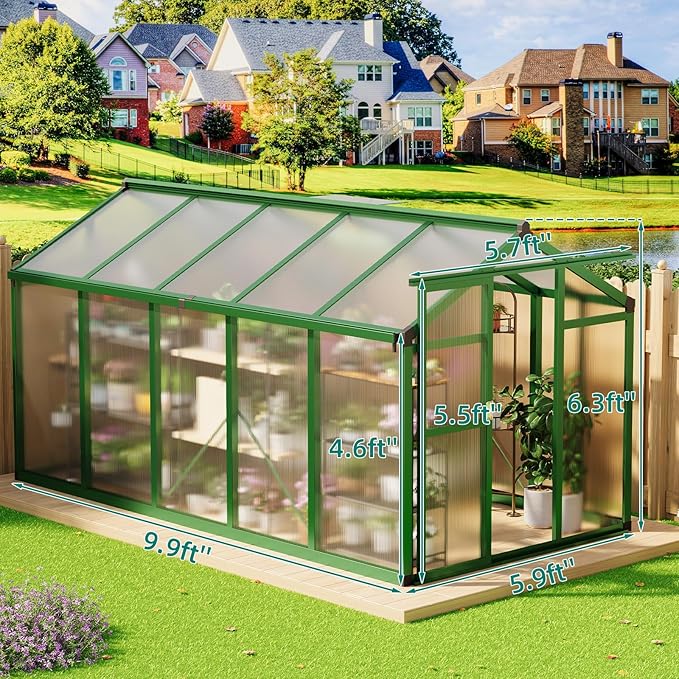 6x10 ft Greenhouse, Large Aluminum Greenhouses for Outdoors, Heavy Duty Polycarbonate Greenhouse with Roof Vent, Walk-in Green Houses for Winter Garden, Backyard, Patio, Lawn, Easy Assembly