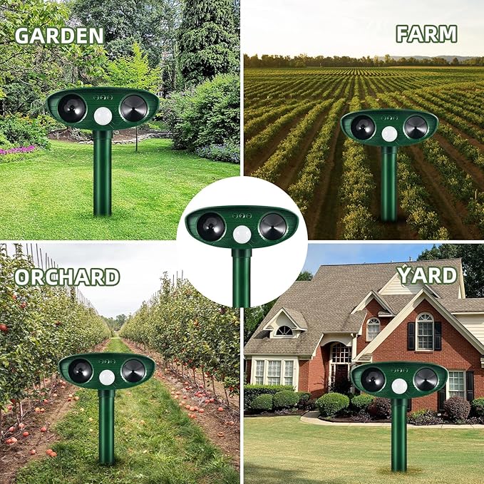 4 Pack Solar Animal Repellent Ultrasonic Deer Repellent Devices Cat Deterrent Outdoor Waterproof with Motion Sensor Solar Animal Repeller for Squirrel,Dog,Raccoon,Skunk,Rabbit for Yard Garden