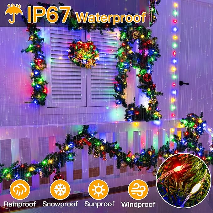Ollny Christmas Lights Outdoor 600LED 197FT, Multicolor Christmas Tree Lights IP67 Waterproof, Plug in Fairy Lights with Remote 8 Modes Timer, Xmas Light for Indoor House Holiday Decor