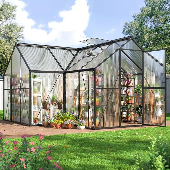 VIWAT T-Shape 12x12 FT Greenhouse for Outdoors, Polycarbonate Greenhouse with Quick Setup Structure, Double Roof Vents and Doors, Aluminum Walk-in Green House for Outside for Backyard Garden, Black