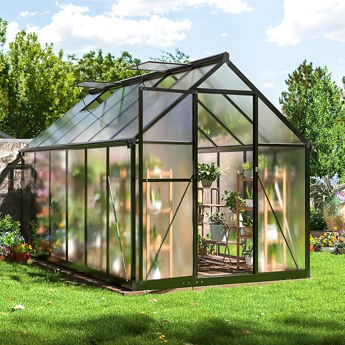 6x11 FTQuick Setup Polycarbonate Greenhouse with Roof Vent, Large Aluminum Walk-in Green House for Outdoor Garden Backyard, Black