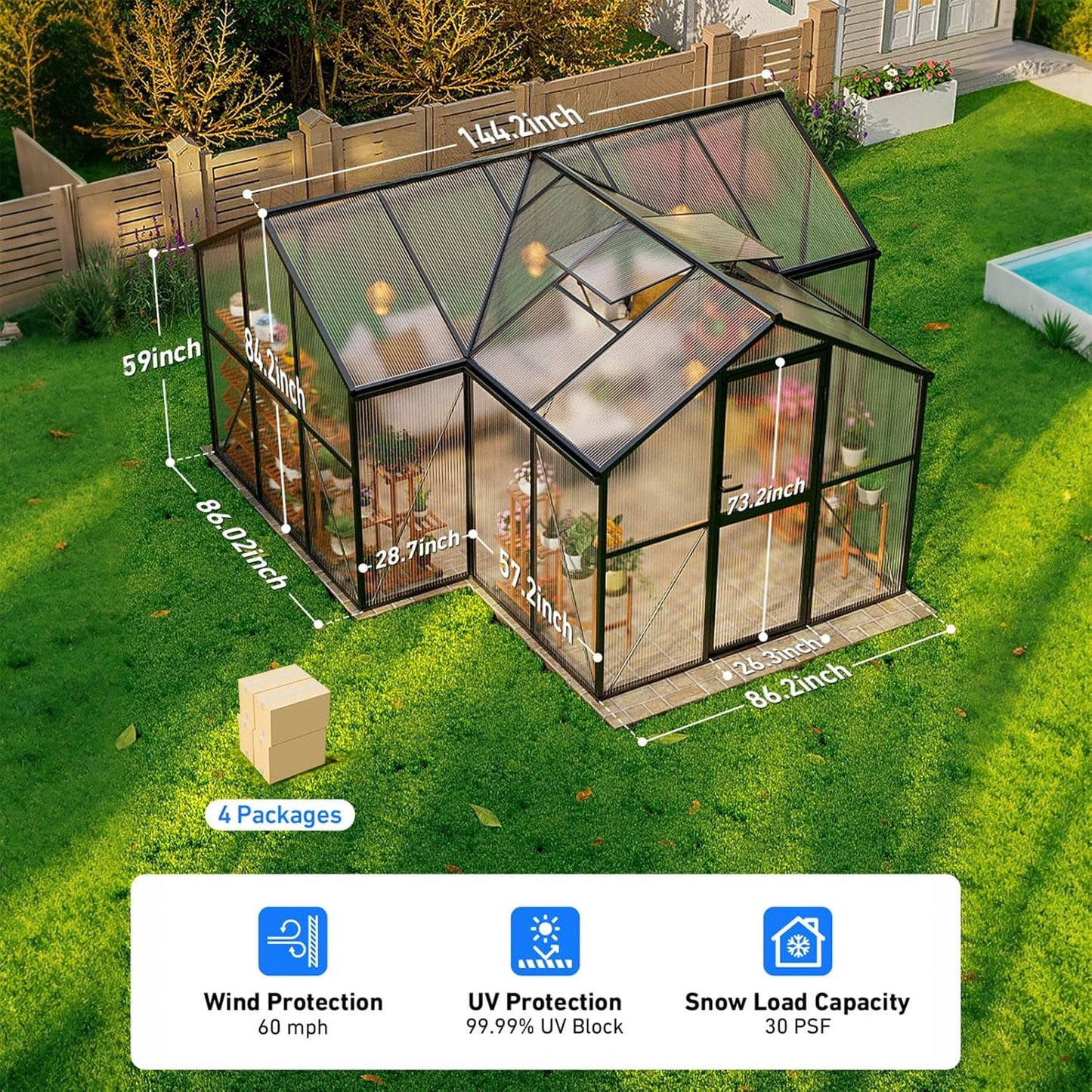 12×12FT Green Houses for Outside, Large Walk-in Greenhouses for Outdoors and Winter Garden Planting, Enhanced Aluminum Greenhouse Kit Withstands Strong Wind to Protect Vegetables or Plants