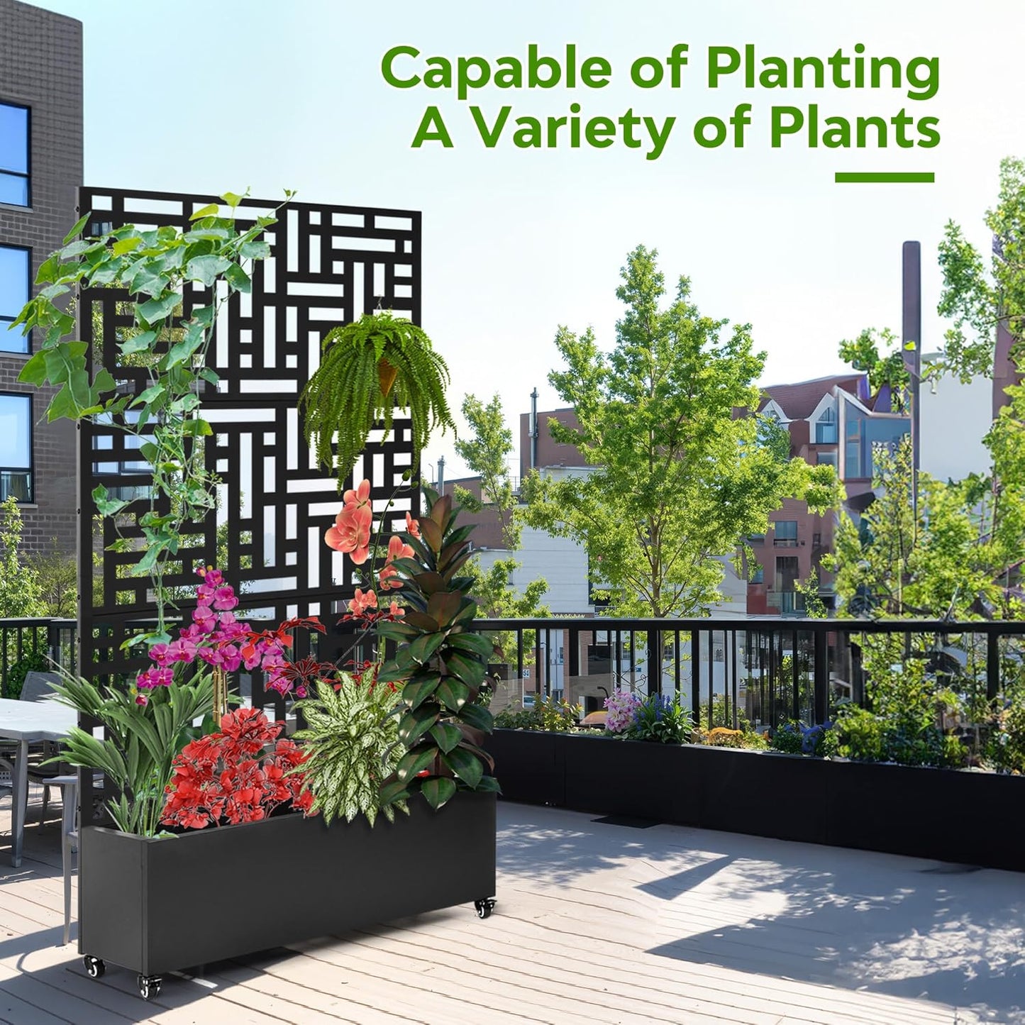 Metal Planter Box with Trellis,71”Raised Garden Bed with Trellis Privacy Screen and Drainage.Wheeled for Patio Flexibility,for Climbing Veggies/Flowers.DIY-Friendly Design