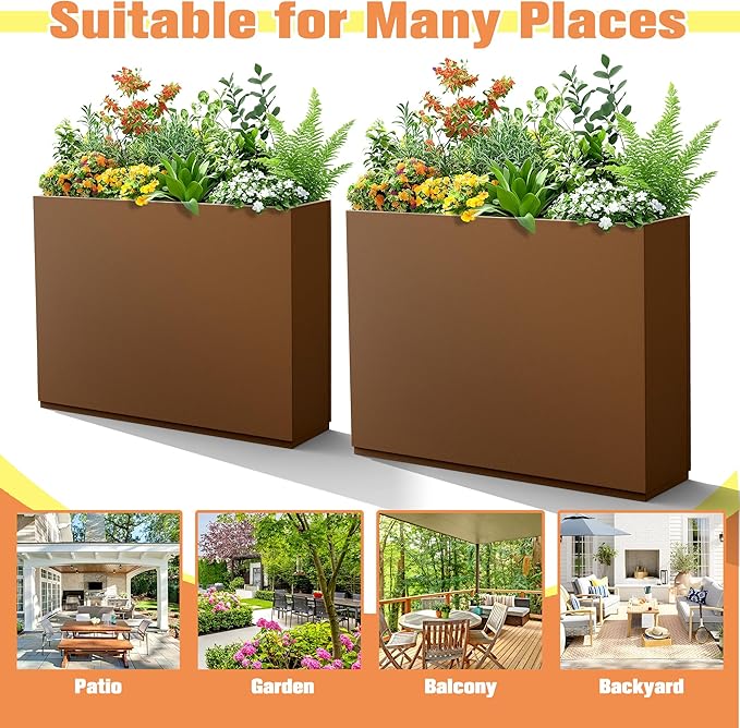 Large Rectangle Planter Metal Brown Planter Box with a Drainage Hole and a Removable Divider Indoor Outdoor Porch Pots for Tall Plants, Trees, Flowers 35.43" x 9.06" x 25.59" Brown