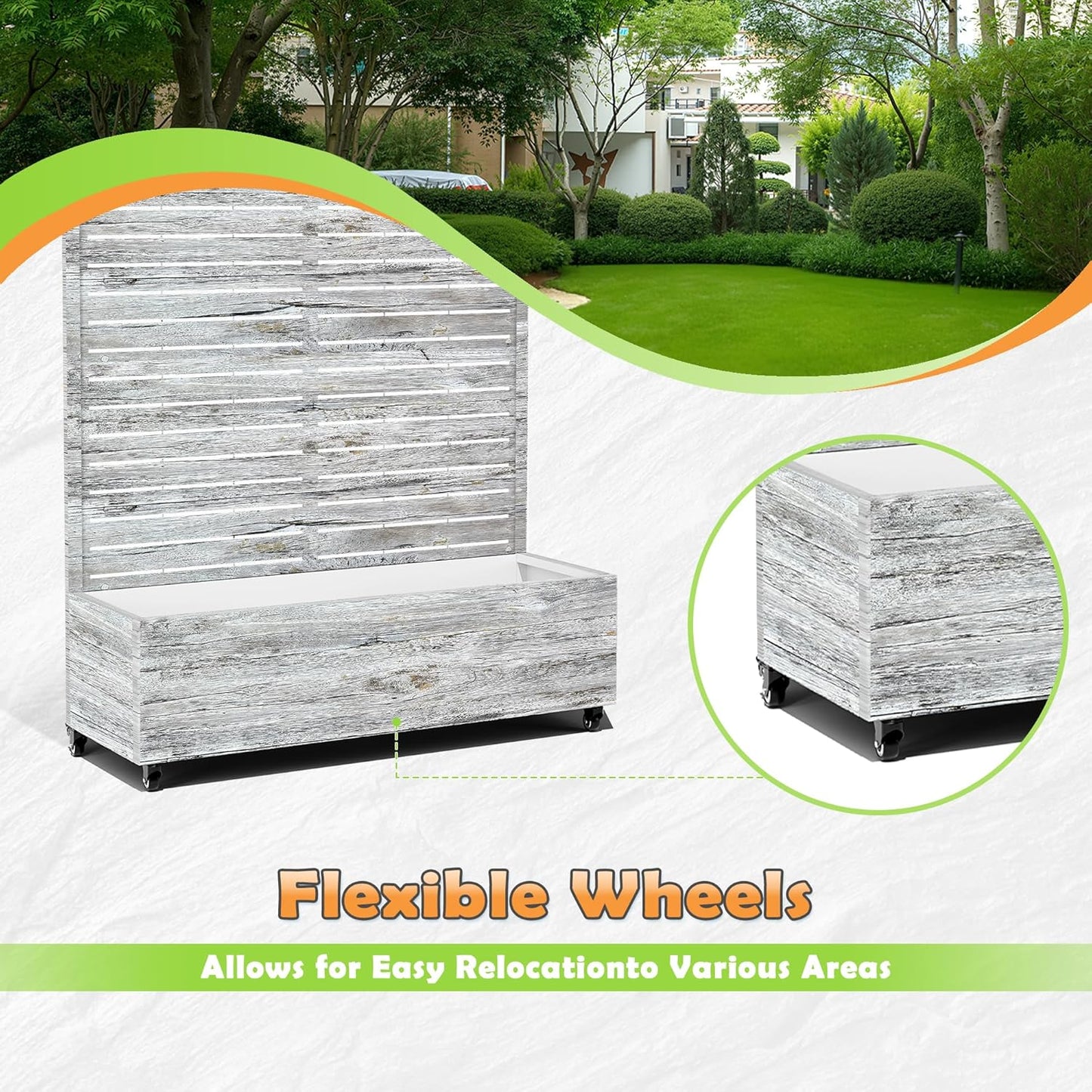 Metal Raised Garden Bed with Trellis, 2-in-1 Planter Box & Privacy Screen for Climbing Plants, Outdoor Standing Flower Bed with Drainage Holes, 47.2" L x 16.7" W x 70.8" H, White Oak Grain