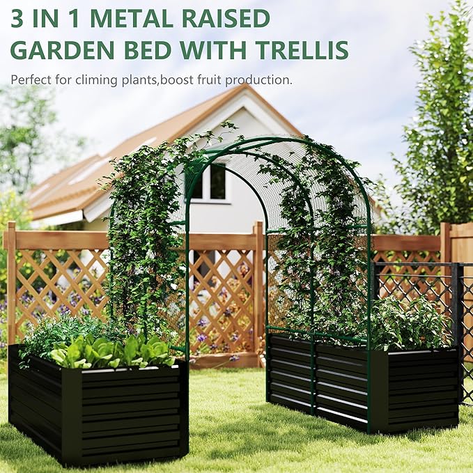 Raised Garden Bed with Arch Trellis for Climbing Plants,Galvanized Raised Garden Bed,Planter Boxes Outdoor for Vegetables Flowers Herb,269 Gallon Capacity Black