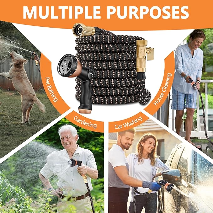 Garden Hose 100ft – 2025 Upgarded Expandable Garden Hose w/10 Pattern Thumb Spray Nozzle, 650psi Pure Brass 3/4” Fittings – Lightweight, Durable, and Kink-Free(Black Rose Gold)