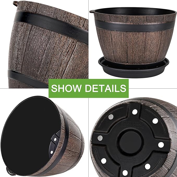 VECELO Plant Pots with Drainage Holes & Saucer, 7.6 Inch Flower Pots with Tray, 4 Pack Plastic Whiskey Barrel Planters for Indoor & Outdoor Garden Home Plants and Flowers